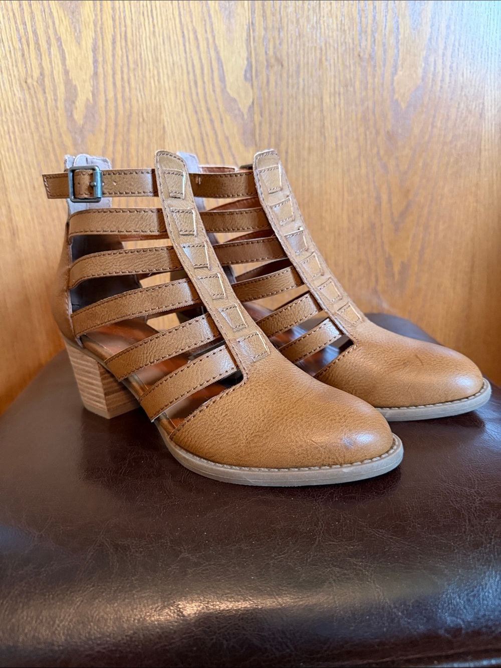 American Eagle Outfitters Tan Strappy Cutout Block Heel Sandals